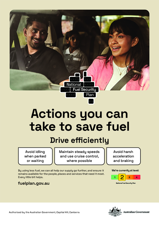 A poster that includes actions you can take to save fuel, refer to drive efficiently on fuelplan.gov.au/individuals-and-families. 