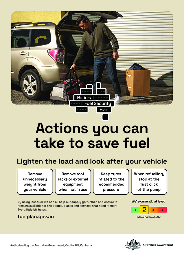 A poster that includes actions you can take to save fuel, refer to fuelplan.gov.au/individuals-and-families. 