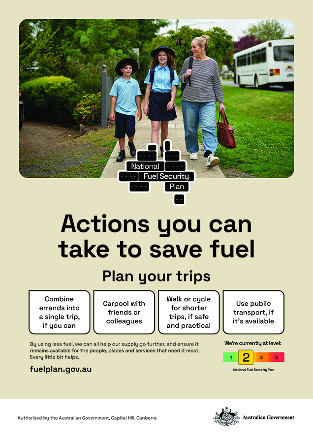 A poster that includes actions you can take to save fuel, refer to plan your trips on fuelplan.gov.au/individuals-and-families. 